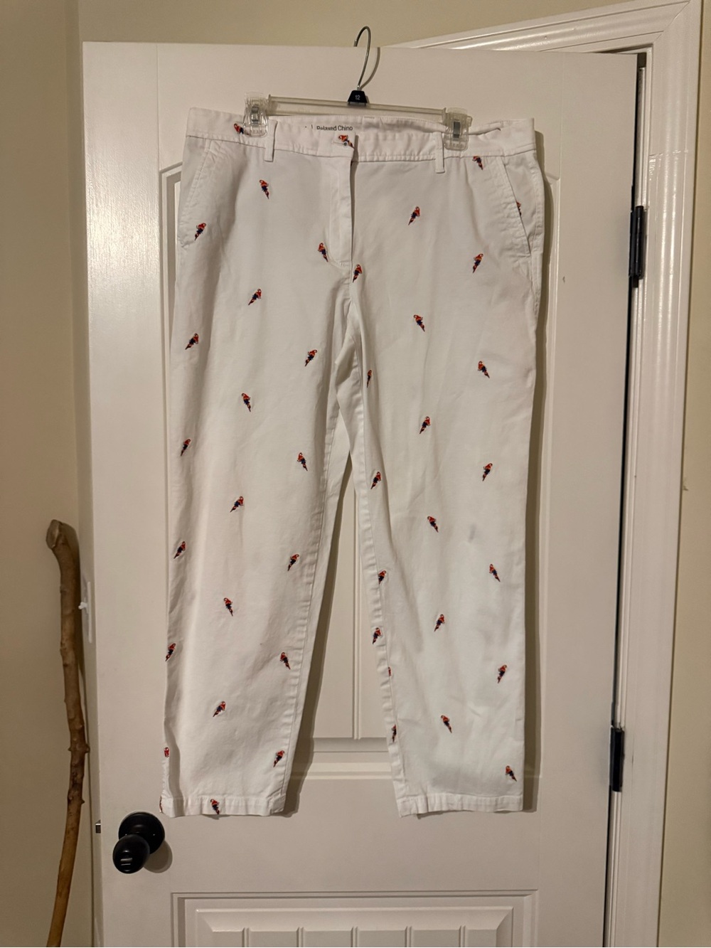 Talbots White Relaxed Chino Pants with Small Multicolor Embroidery